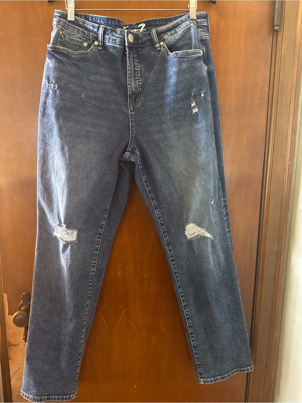 Seven7 Women's Medium-Dark Blue Distressed Boyfriend Jeans